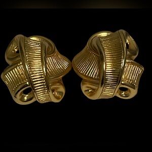 GIVENCHY Earrings Gold Plated Clip On Textured Ribbon Design 1980's